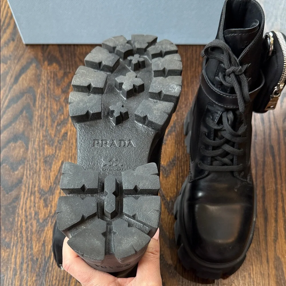 Prada Black Leather Lug-Sole Combat Boots with Detachable Mini Pouch - Picture 11 of 16